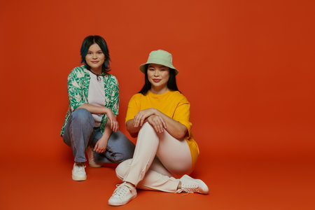 An Asian mother and her teenage daughter sitting together in a studio, sharing a moment of...