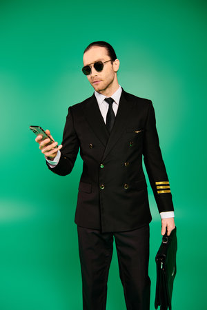Handsome pilot in black uniform, wearing sunglasses, holds a cell phone.