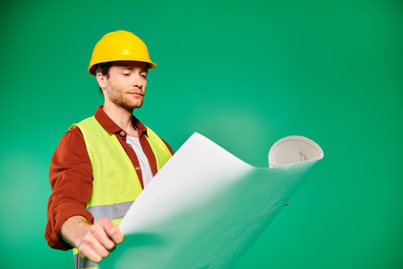 A handsome man in a hard hat holds a blueprint confidently.