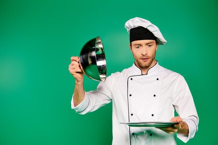A man in a white uniform holding a platter.の写真素材