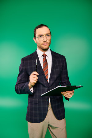 Handsome businessman in chic suit holding a clipboard on green backdrop.