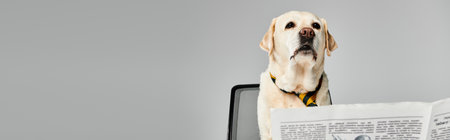 A dog sits atop a computer desk next to a newspaper, observing the world with curiosity and companionship.の写真素材