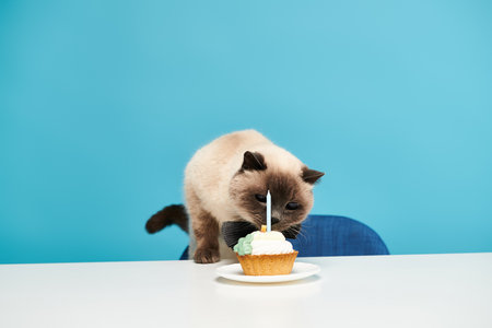 A cat stands on a chair, eyeing a cupcake with a candle on it.の写真素材