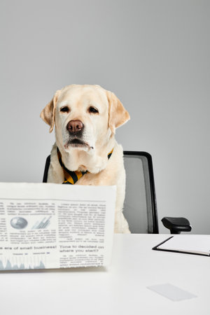 A dog sitting at a desk, reading a newspaper.の写真素材