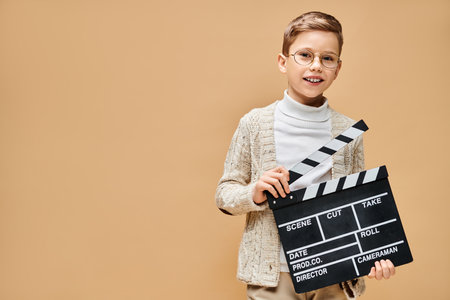 Preadolescent boy posing as a film director, holding a movie slate.の写真素材