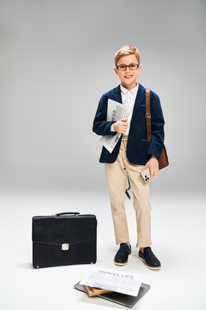 Preadolescent boy in elegant attire stands next to a briefcase against a gray backdrop.の写真素材