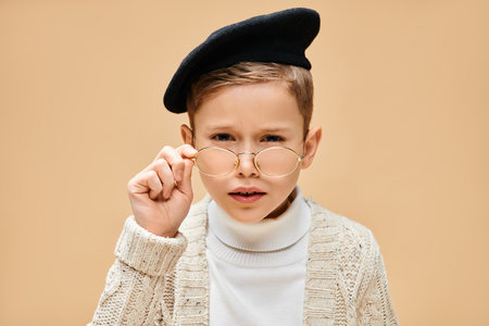 Preadolescent boy in glasses and hat, dressed as a film director on a beige backdrop.の写真素材