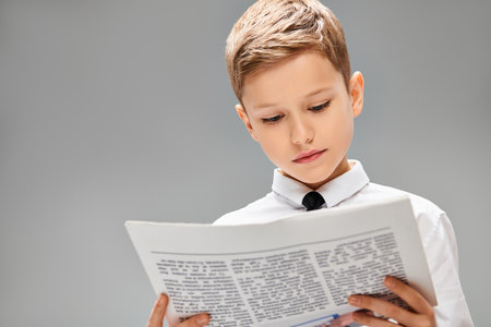 Young boy immersed in a book, dressed in a tie and looking sharp.
