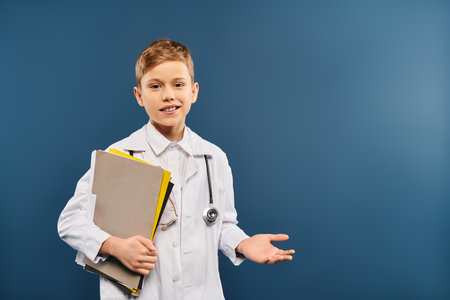 A boy in a lab coat holding a binder in a scientific setting.の写真素材
