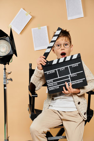 Young boy in film director attire, holding movie clapper in chair.の写真素材