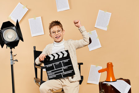 A preadolescent boy dressed as a film director sits with a movie clapper on a beige backdrop.