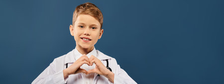Young boy dressed as doctor forming a heart shape with his hands on blue backdrop.の写真素材