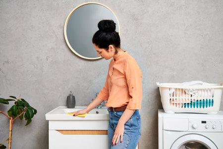 A stylish woman in casual attire standing in front of a washing machine, ready to tackle household chores.の写真素材