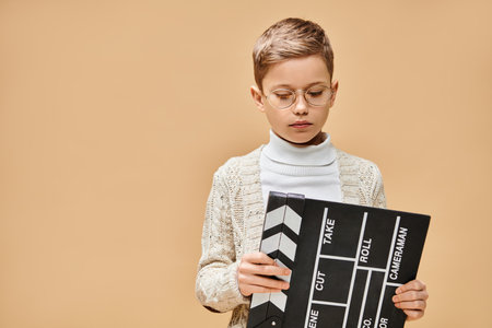 A cute preadolescent boy dressed as a film director holding a black and white clap board.の写真素材