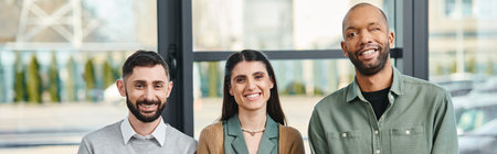 A diverse group of professionals standing together, showcasing teamwork and collaboration in a...