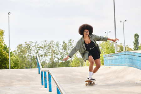 A young African American woman with curly hair confidently rides a skateboard down the side of a ramp at an outdoor skate park.の写真素材