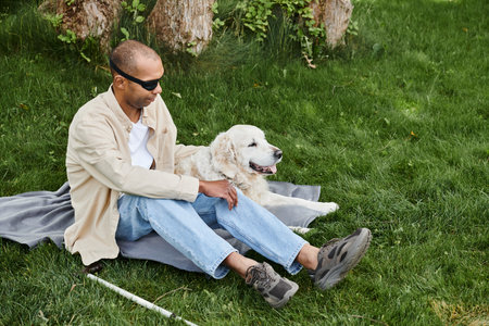 A disabled African American man with myasthenia gravis syndrome sits in the grass with his loyal...