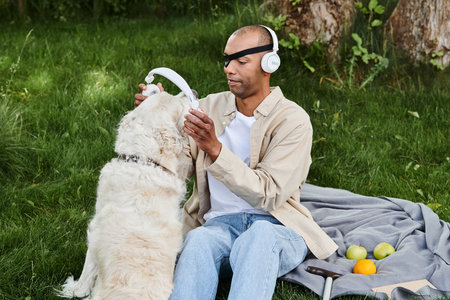 African American man with myasthenia gravis sitting on a blanket, enjoying music with Labrador dog...