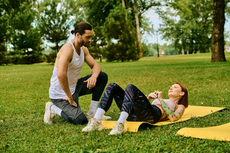 A woman sportswear on a yellow mat outdoors, guided by their personal trainer in a yoga session filled with determination and motivation.の写真素材