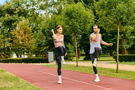 A determined man and woman, dressed in sportswear, are stretching together on a track