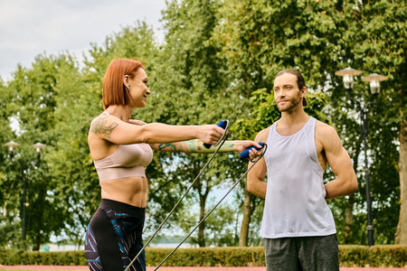 A woman in sportswear exercising outdoors with a personal trainer, showcasing determination and...