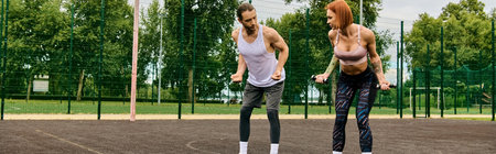 A determined man and woman in sportswear exercising with dumbbells outside