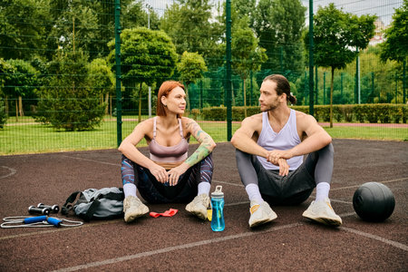 A woman, in sportswear, sit on a basketball court, guided by a personal trainer with determination and motivation.の写真素材