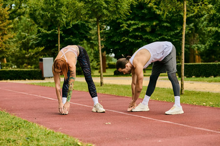 A woman in sportswear are exercising with a personal trainer on a track, showcasing determination...