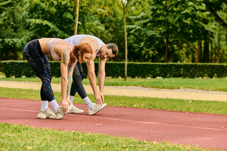 A man and woman, dressed in sportswear, train together on a track, displaying determination and motivation.の写真素材