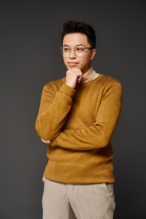 A fashionable young man in elegant attire confidently poses for a portrait, exuding style and...