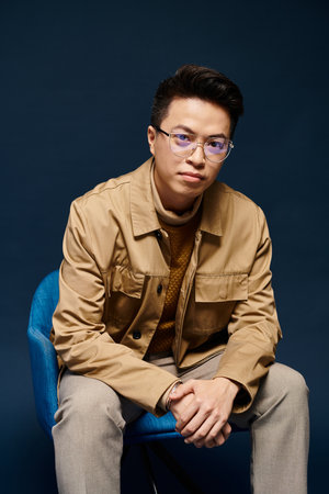 A fashionable young man in elegant attire sitting atop a blue chair with a confident pose.