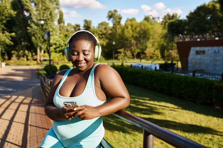 An African American woman with headphones immersed in her cellphone screen, enjoying music outdoors.の写真素材
