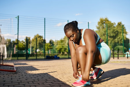 An African American woman in sportswear showcases her skills with a squat in a park.