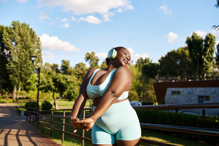 An African American woman with a curvy body, wearing a blue sports bra and shorts, listening to...