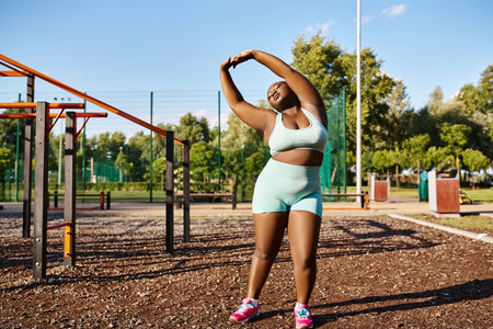 An African American woman in blue sports bra and shorts stands confidently in front of a playground.の写真素材