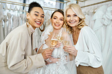 A young bride in a wedding dress, her middle-aged mother, and her best friend as a bridesmaid, standing side by side holding wine glasses.の写真素材