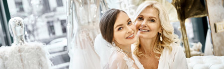 A young brunette bride in a wedding dress and her middle-aged blonde mother standing side by side in a bridal salon.の写真素材