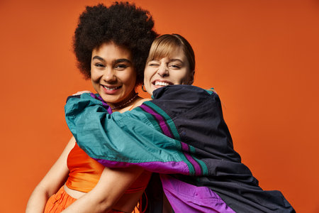 Two women of different races standing together against an orange background, embracing the beauty of...