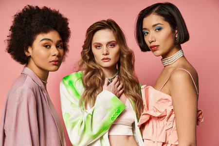 Three women of Caucasian, Asian, and African American descent stand together against a pink studio...