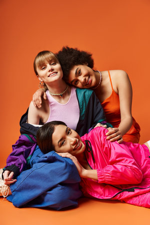 A group of multicultural women, including Caucasian, Asian, and African American, joyfully laying on top of each other on an orange background.の写真素材
