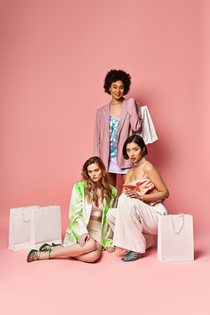 A diverse group of women peacefully sitting on the ground in front of a soft pink wall on a beautiful spring day.の写真素材