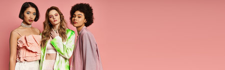 A group of diverse women standing next to each other, showcasing beauty and unity against a pink...