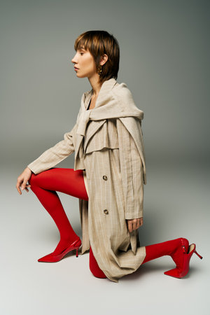 A young woman with short hair wearing a trench coat and red tights, exuding mystery and allure in a studio setting.の写真素材