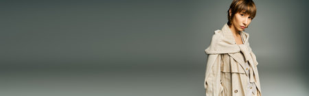 A young woman with short hair posing confidently in a trench coat in a studio setting.の写真素材
