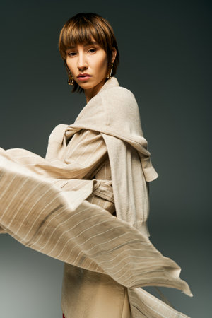 A young woman with short hair, wearing a flowing dress and a scarf, exudes elegance and grace in a studio setting.の写真素材