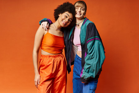 Two beautiful women of different cultural backgrounds standing together in a studio against an...