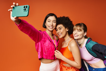 Three women, representing different cultures, enjoying a playful moment as they take a selfie with a...