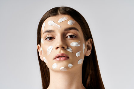 A beautiful young woman elegantly displaying a generous amount of cream on her face, showcasing a luxurious skincare routine.の写真素材