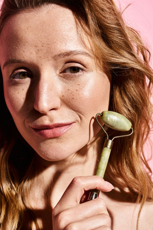 A natural beauty woman poses while holding face roller and looking directly at the camera,...