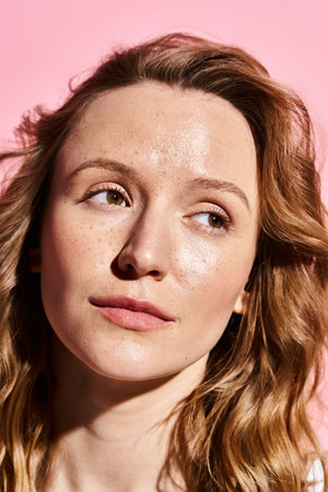Close-up of an attractive woman with freckles on her face exuding natural beauty while posing...